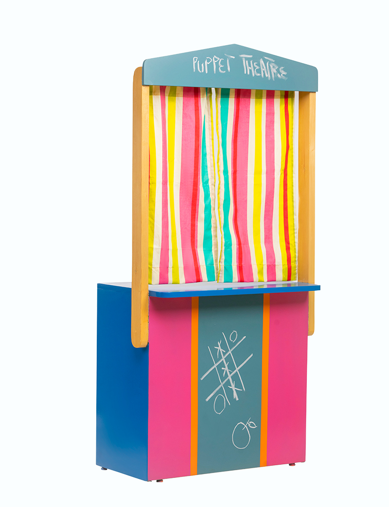 a colorful puppet theater with a striped curtain
