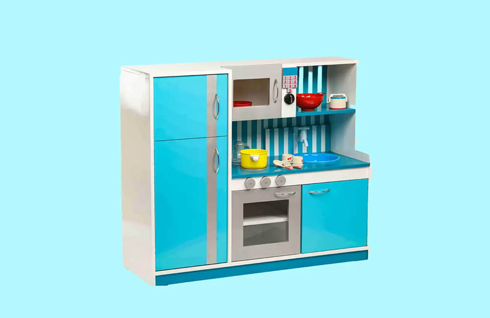 wooden kitchen role play accessories in blue color ,carrying tea cups, in blue color with blue background.