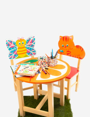 a kids table and chairs with colorful chairs and a cat