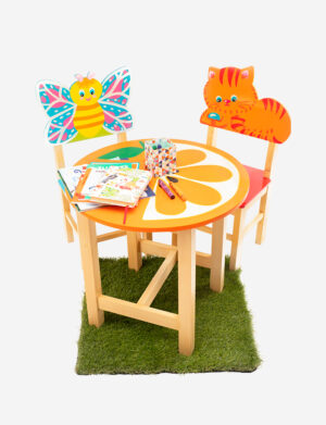 a kids table and chairs with colorful chairs and a cat