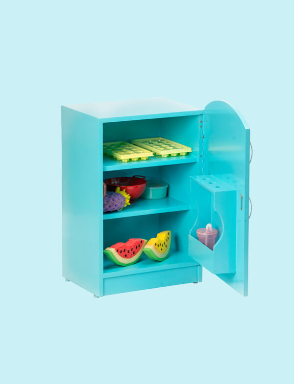 a blue cabinet with objects on shelves