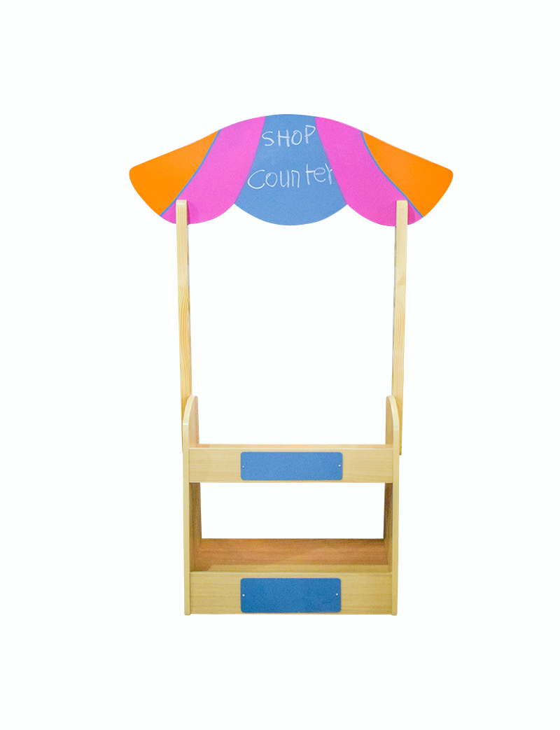 a wooden stand with a sign