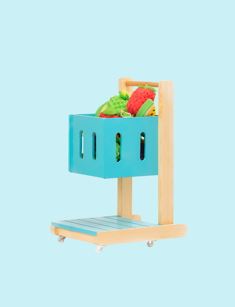 a blue basket with fruit in it
