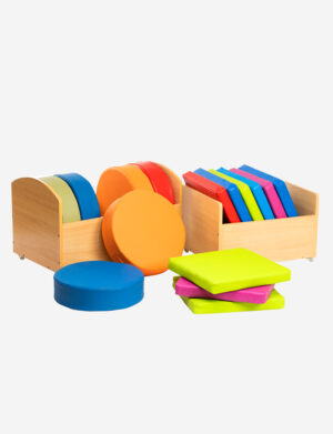 a group of colorful round and square objects in a wooden box