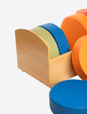 a group of colorful round objects in a wooden box