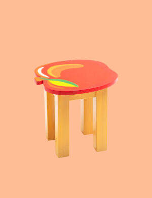 a stool with a painted Apple design