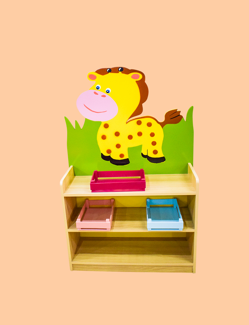a shelf with a cartoon giraffe on it