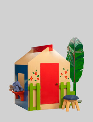 a toy house with a stool and a chair