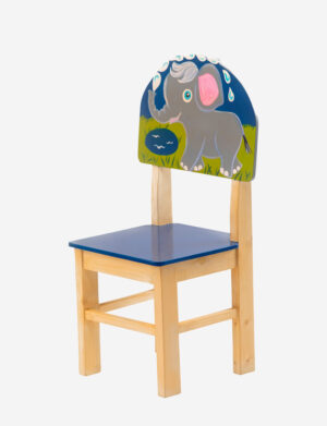 a child's wooden chair with a painted Elephant on it