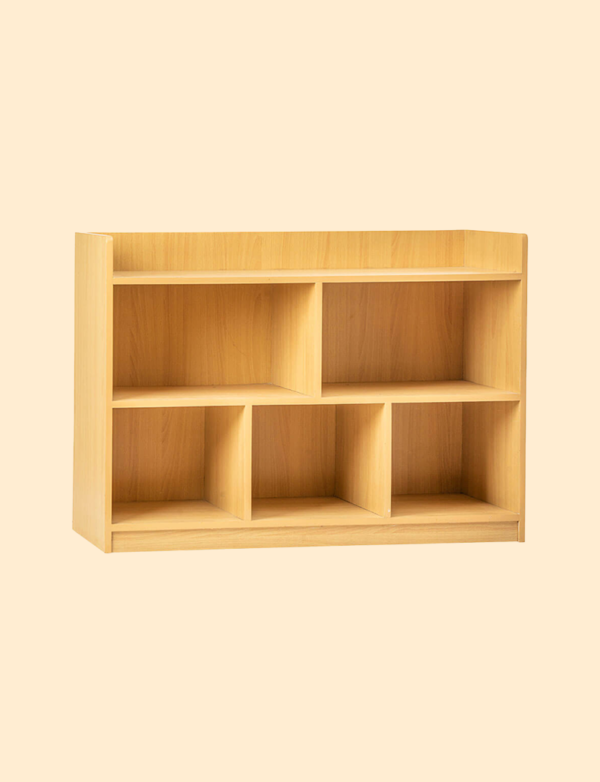 a wooden shelf with shelves