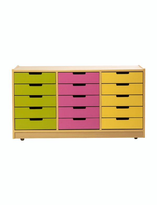 a colorful dresser with drawers