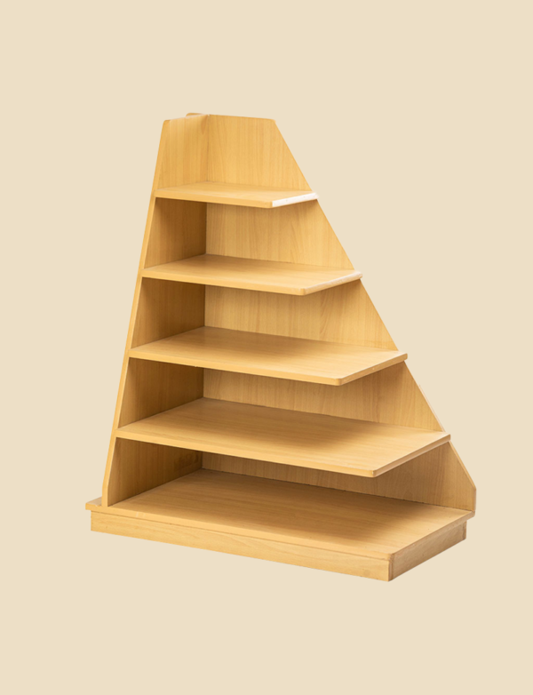 a wooden shelf with shelves