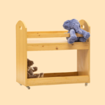 a wooden table with stuffed toys on it