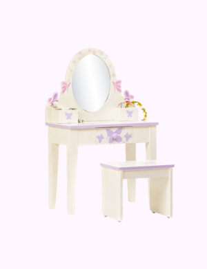 a white and purple vanity with a mirror
