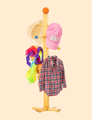 a clothes and hat on a coat rack