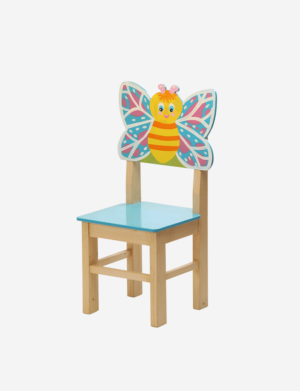 a child's chair with a painted butterfly on it