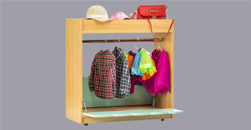 a wooden shelf with clothes and a purse