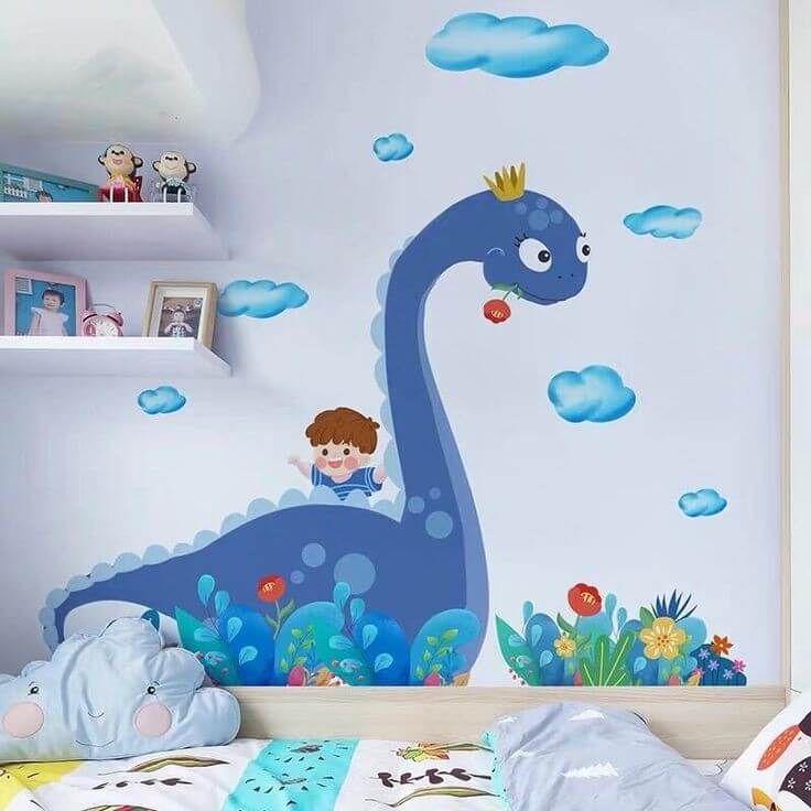 There is a beautiful painting on the kids bedroom wall.