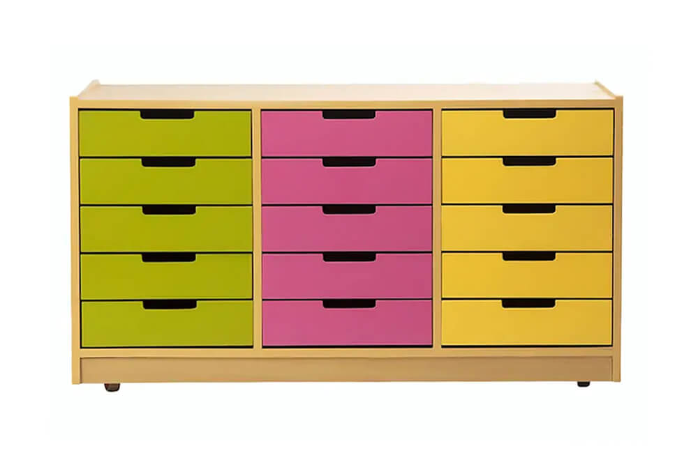colorful storage shelving with a lots of storage drawers.