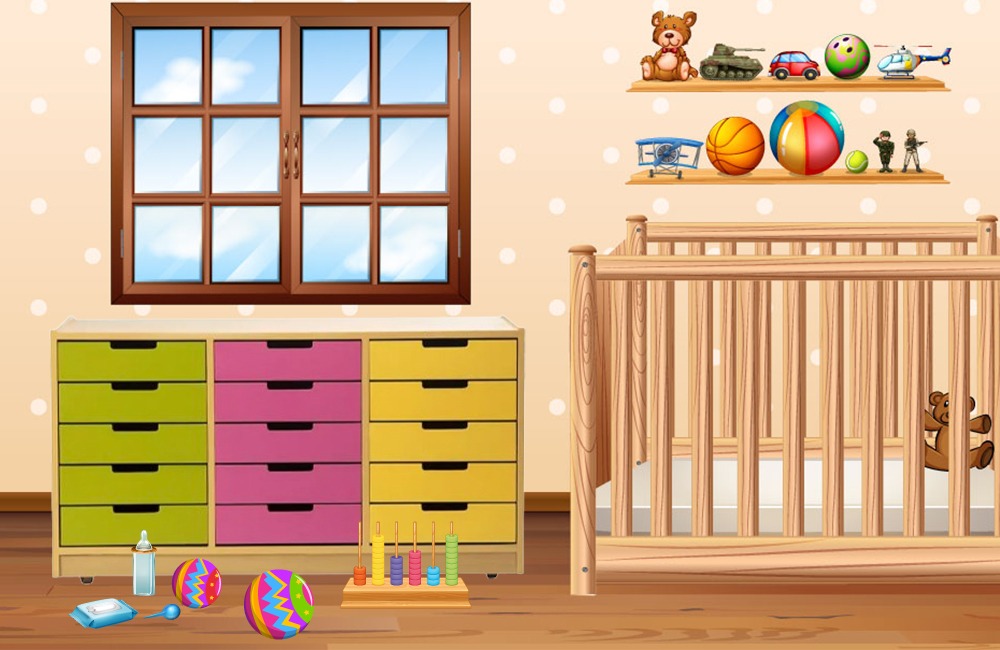 A room with a crib, toys, and storage essentials.